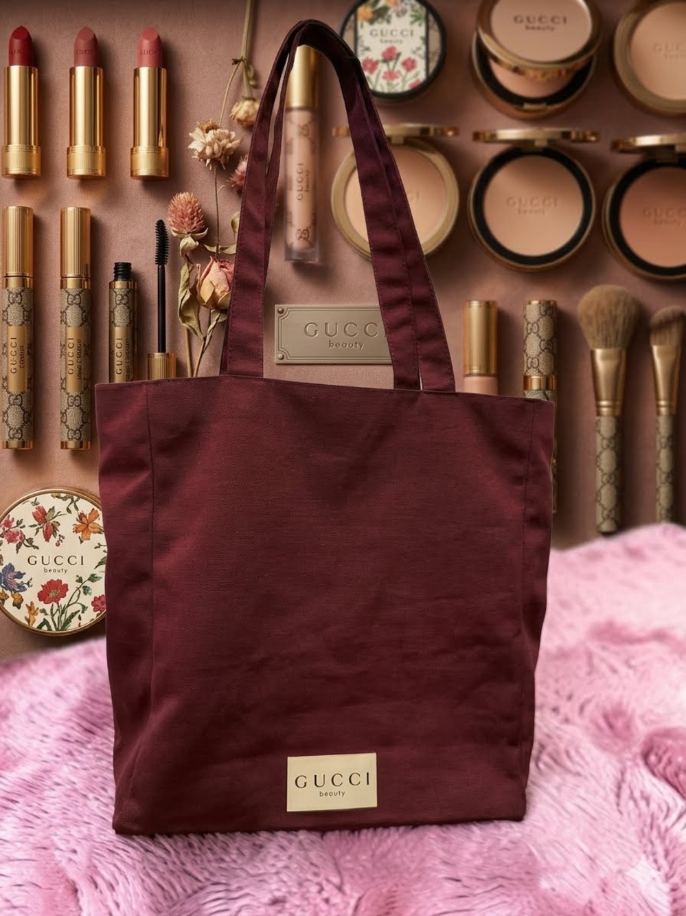 Gucci Beauty Burgundy Canvas Tote Bag-EUC